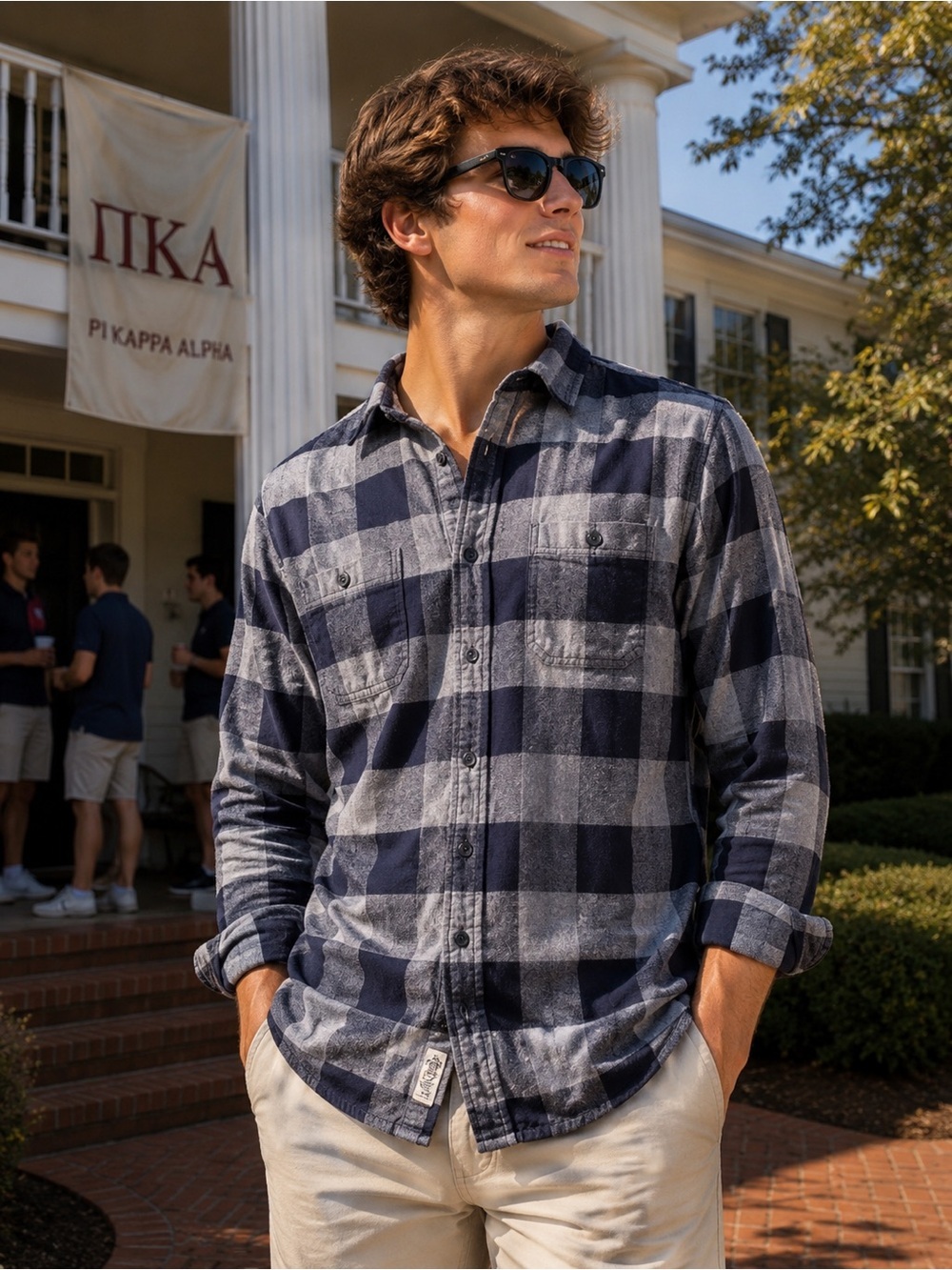True Craft Men's Navy and Gray Plaid Casual Button-Down Shirt